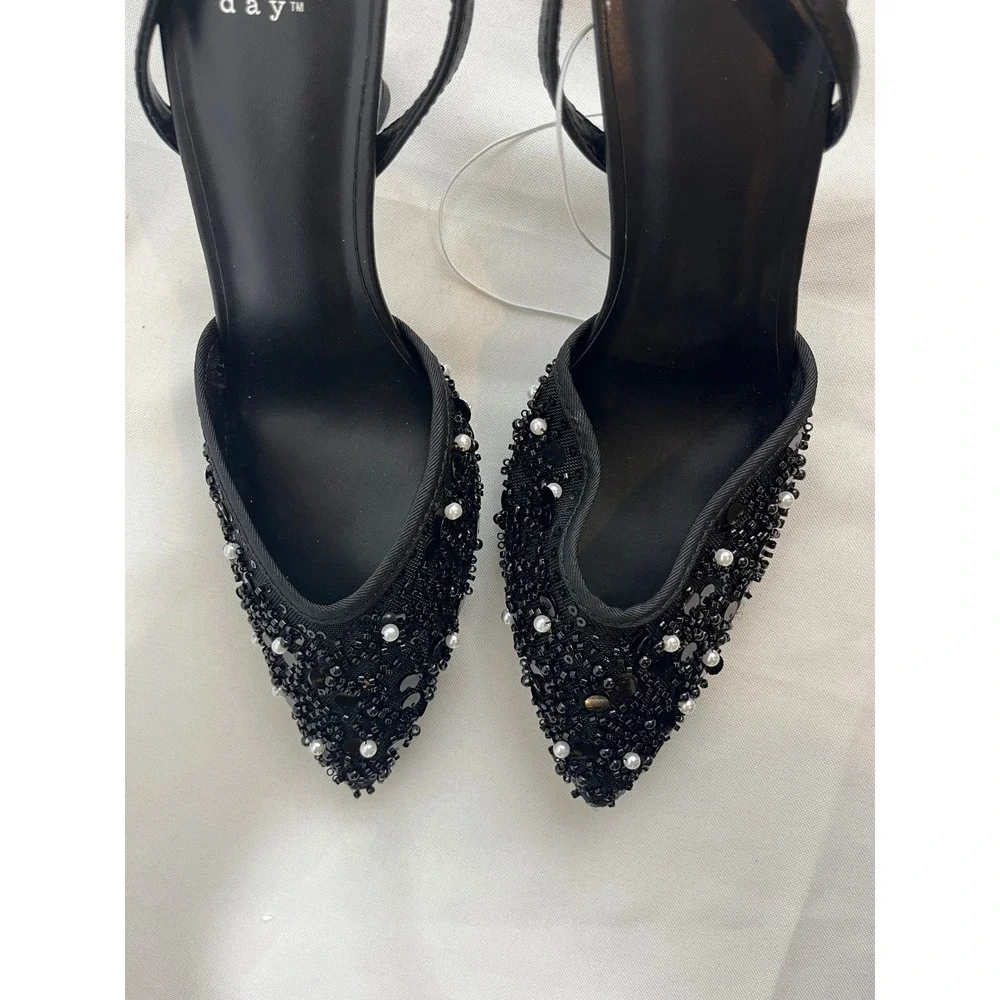 A New Day Black Pearl Sequin Mesh Slingback Heels Point Toe Pumps 7.5 096048157
